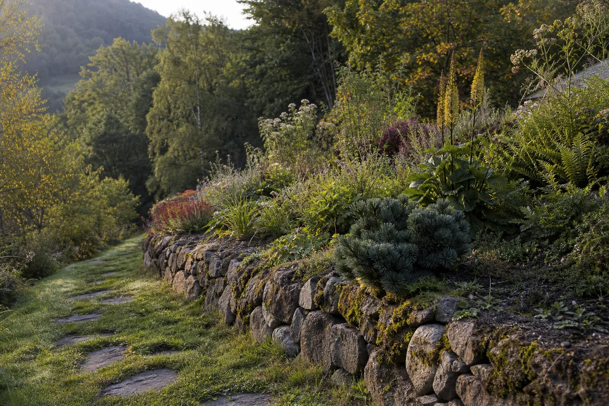 Jardin de pente aménagé sur un talus vosgien, muret de pierre sèche et plantations rustiques sous une lumière fraîche de fin d&rsquo;après-midi
