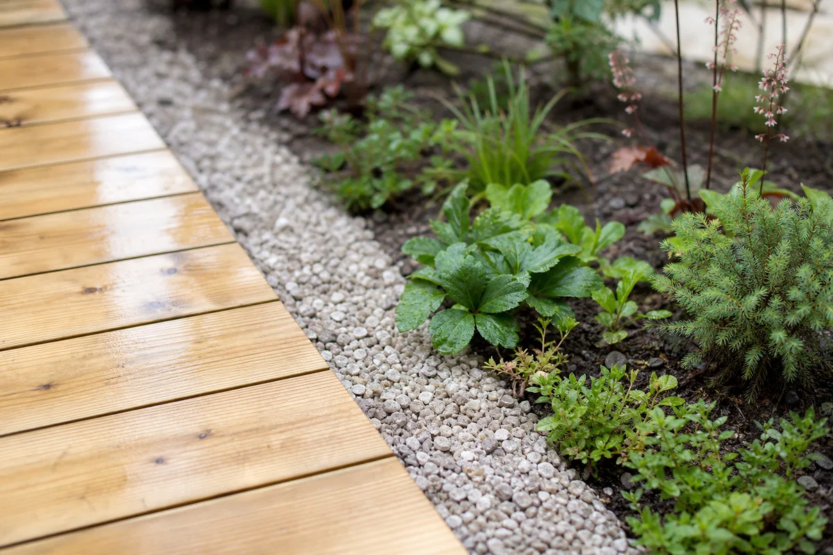Terrasse bois et massif végétal composés d’un seul tenant dans un jardin vosgien