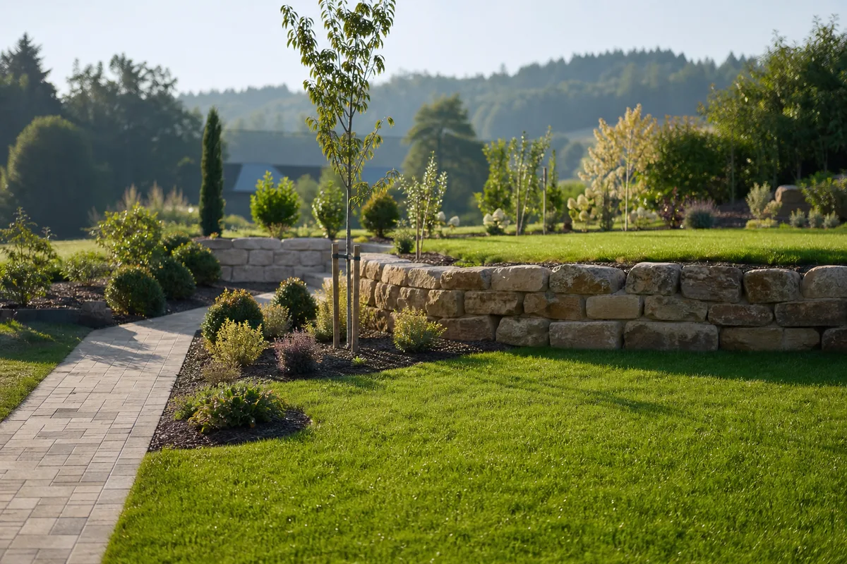 Jardin paysager entretenu au pied du massif vosgien, gazon net et massifs plantés