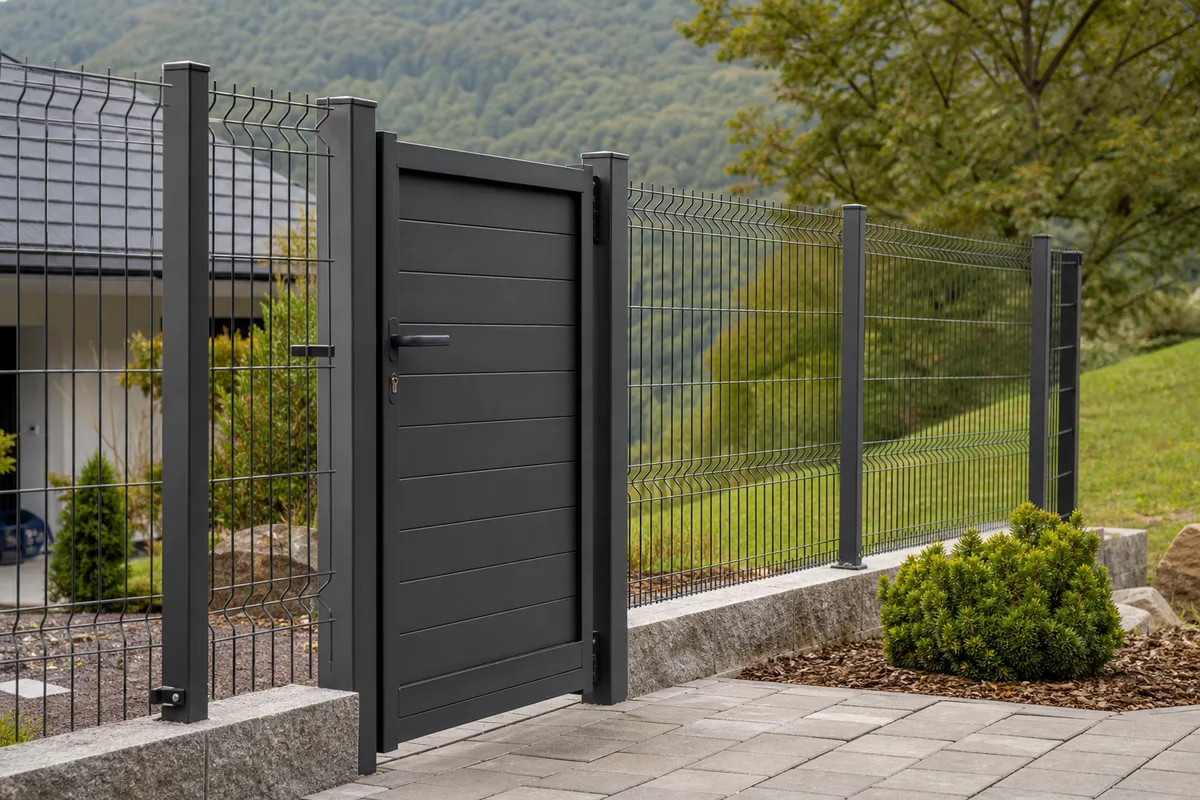 Panneaux de grillage rigide gris posés le long d’une allée pavée devant une maison, jardin en pente des Vosges
