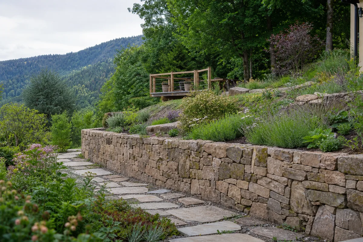 Muret de soutènement en pierre sèche retenant un talus planté, paliers d’un jardin de coteau vosgien sous lumière fraîche