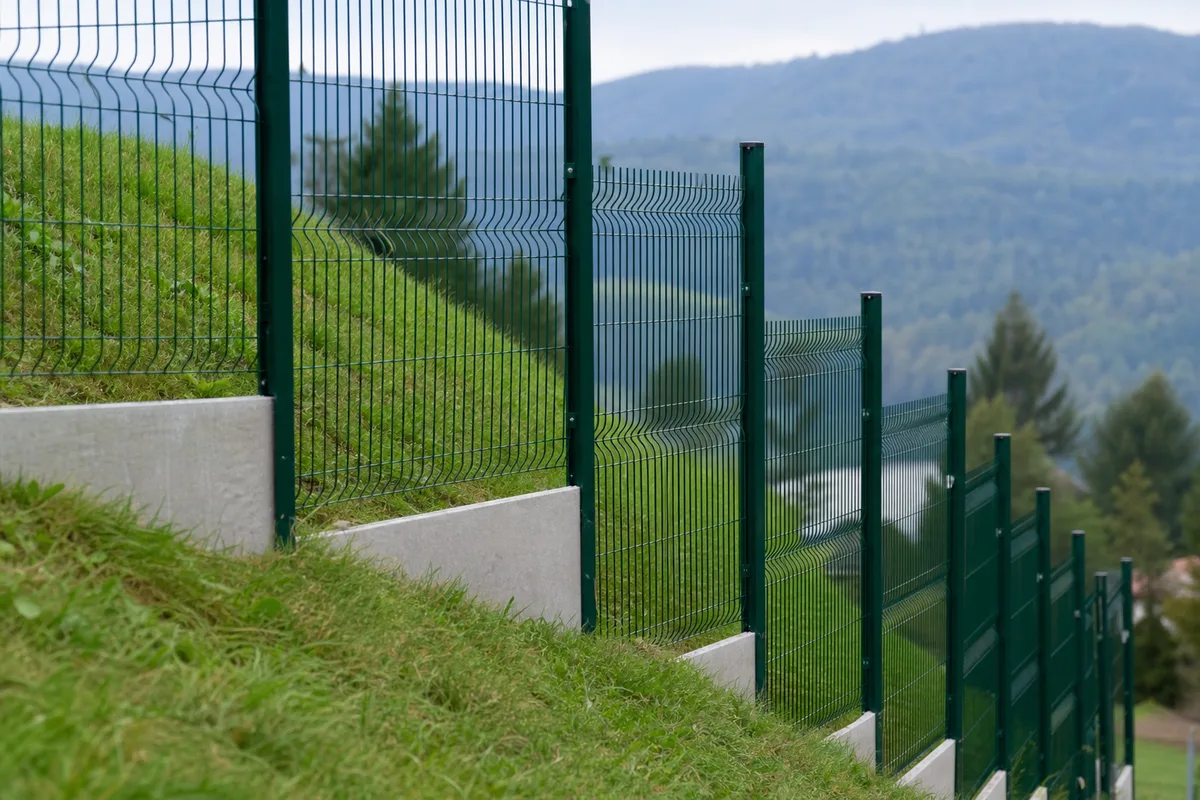 Grillage rigide vert posé en escalier sur un talus enherbé, massif vosgien en arrière-plan