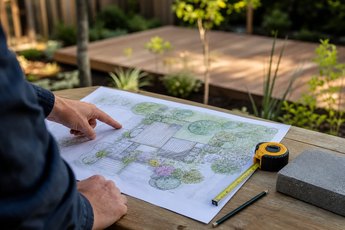 Plan de conception paysagère posé sur une table devant une terrasse en bois et des plantations