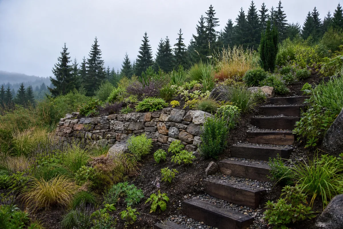 Jardin de pente vosgien avec muret de pierre, paliers plantés et graminées rustiques