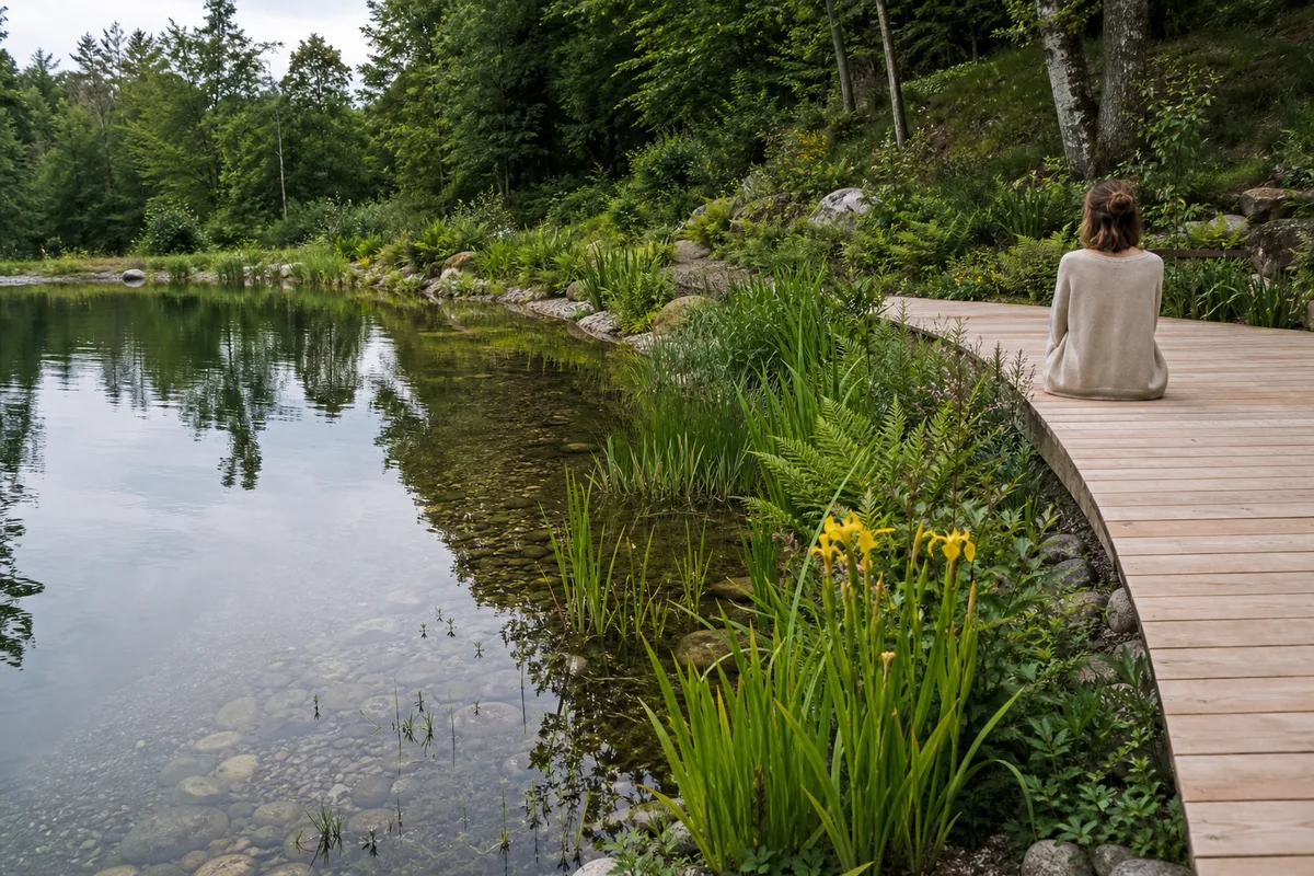 Berge de bassin plantée d’iris et de graminées bordée d’une terrasse en bois