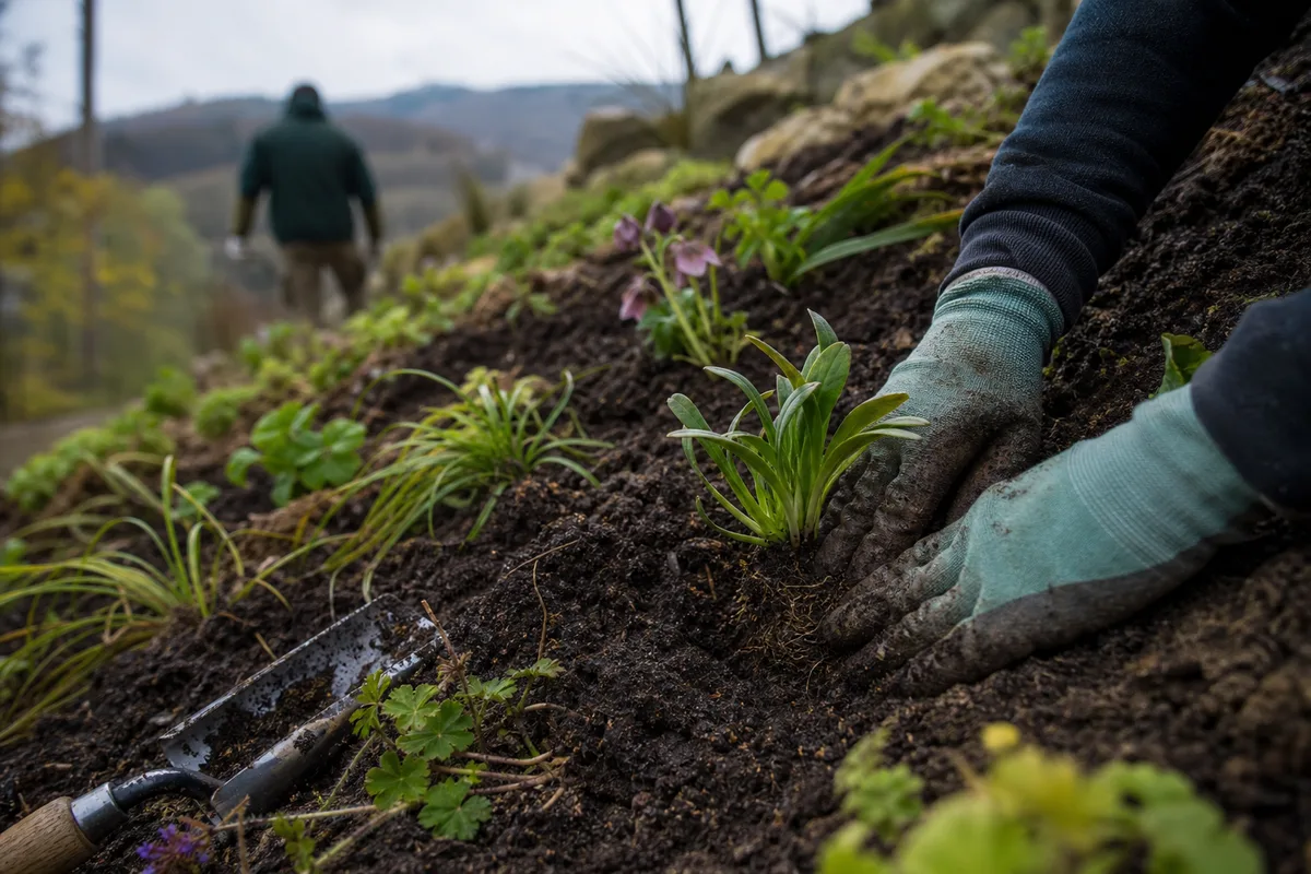 Paysagiste préparant un massif de vivaces sur un terrain en pente, terre végétale fraîchement retournée, ambiance vosgienne