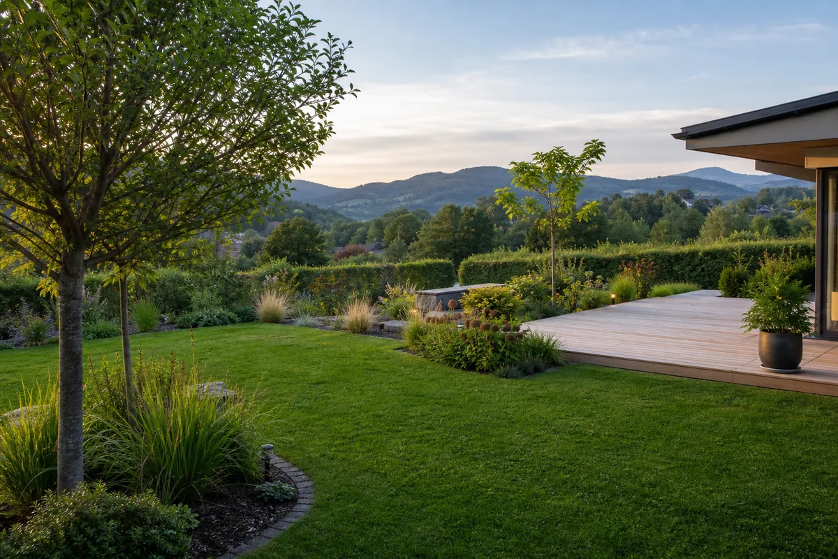 Jardin fraîchement créé avec pelouse engazonnée et jeunes massifs, terrasse bois en arrière-plan, lumière fraîche du massif vosgien