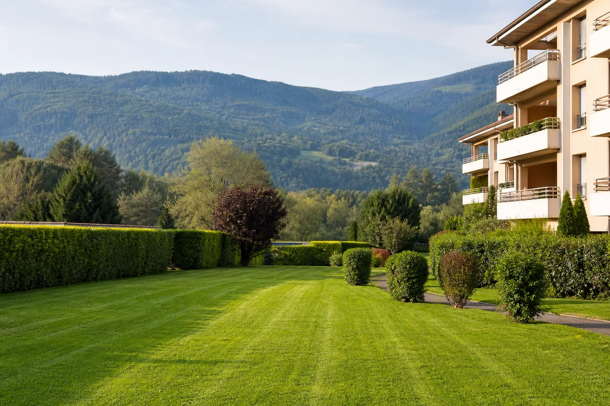 Grande pelouse de copropriété fraîchement tondue bordée de haies taillées, relief boisé des Vosges en arrière-plan