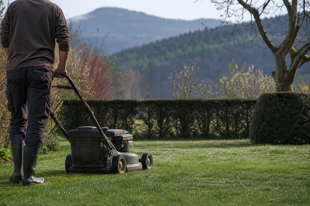 Jardin vosgien en début de printemps, première tonte sur une pelouse bordée de haies avec le massif en arrière-plan
