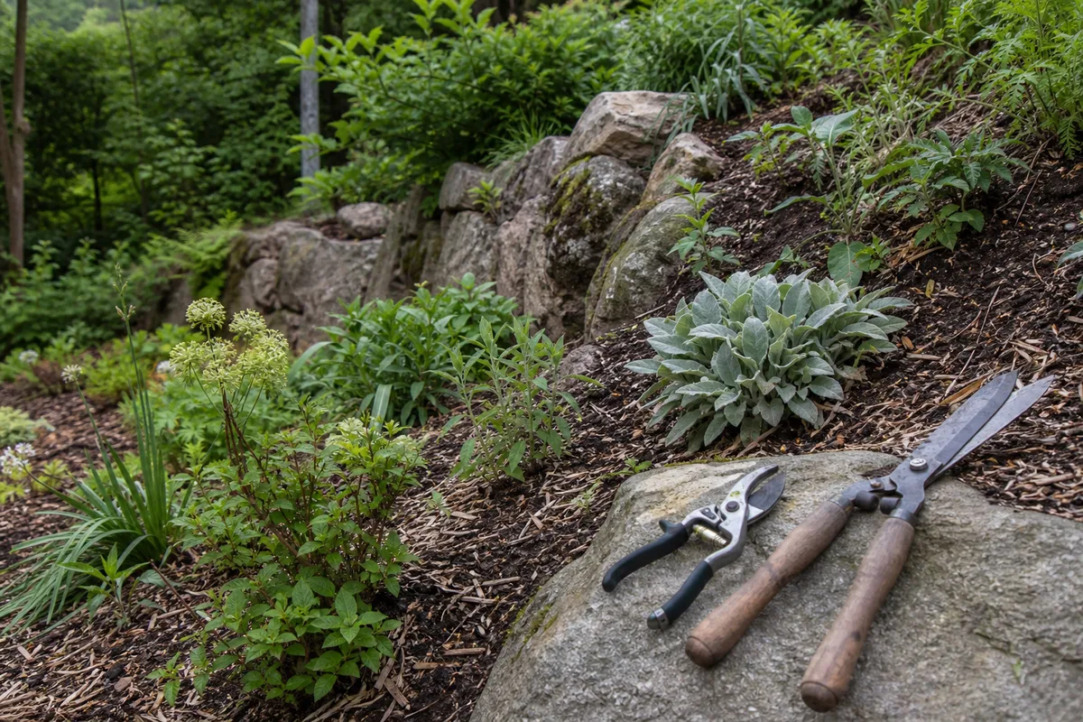 Talus en pente paillé avec massif d’essences rustiques et outils de taille posés, lumière fraîche du massif vosgien