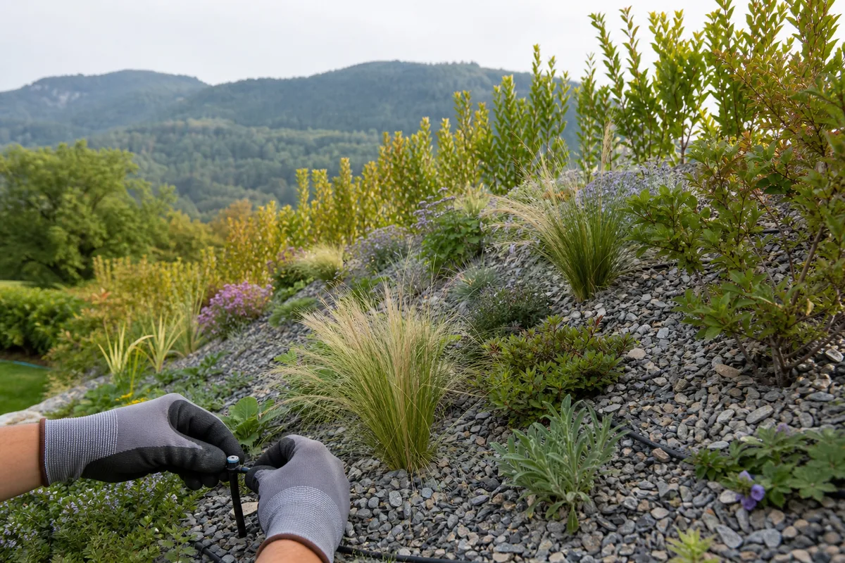 Talus planté de graminées et couvre-sols sur un terrain de pente vosgien, paillage minéral et jeune haie rustique