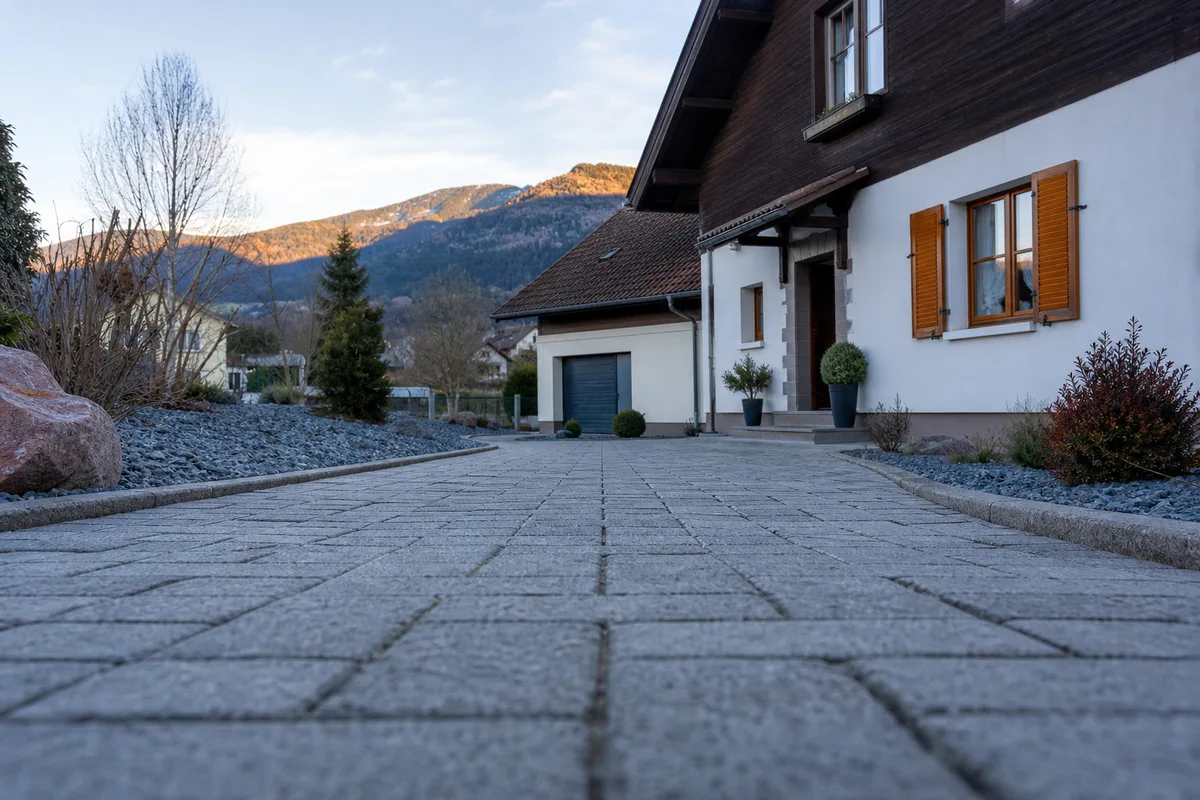 Allée carrossable en pavés béton gris devant une maison vosgienne, cour minérale nette, lumière fraîche de fin de journée