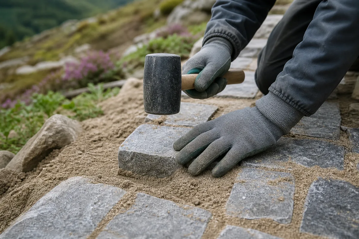 Pose de pavés en pierre naturelle sur lit de sable, mains gantées réglant un pavé au maillet, joints en cours de remplissage, jardin de pente vosgien