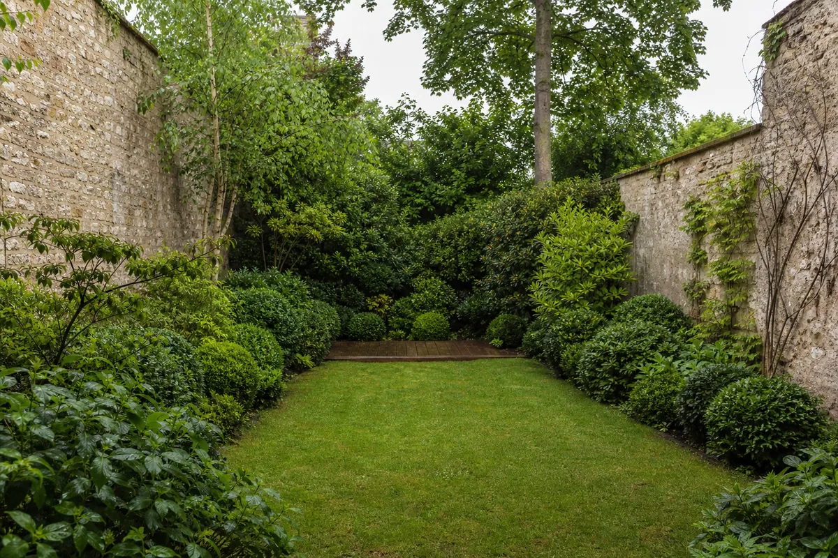 Jardin de ville clos de murs mitoyens à Épinal, massif dense et pelouse fraîchement tondue sous une lumière tamisée de plaine vosgienne