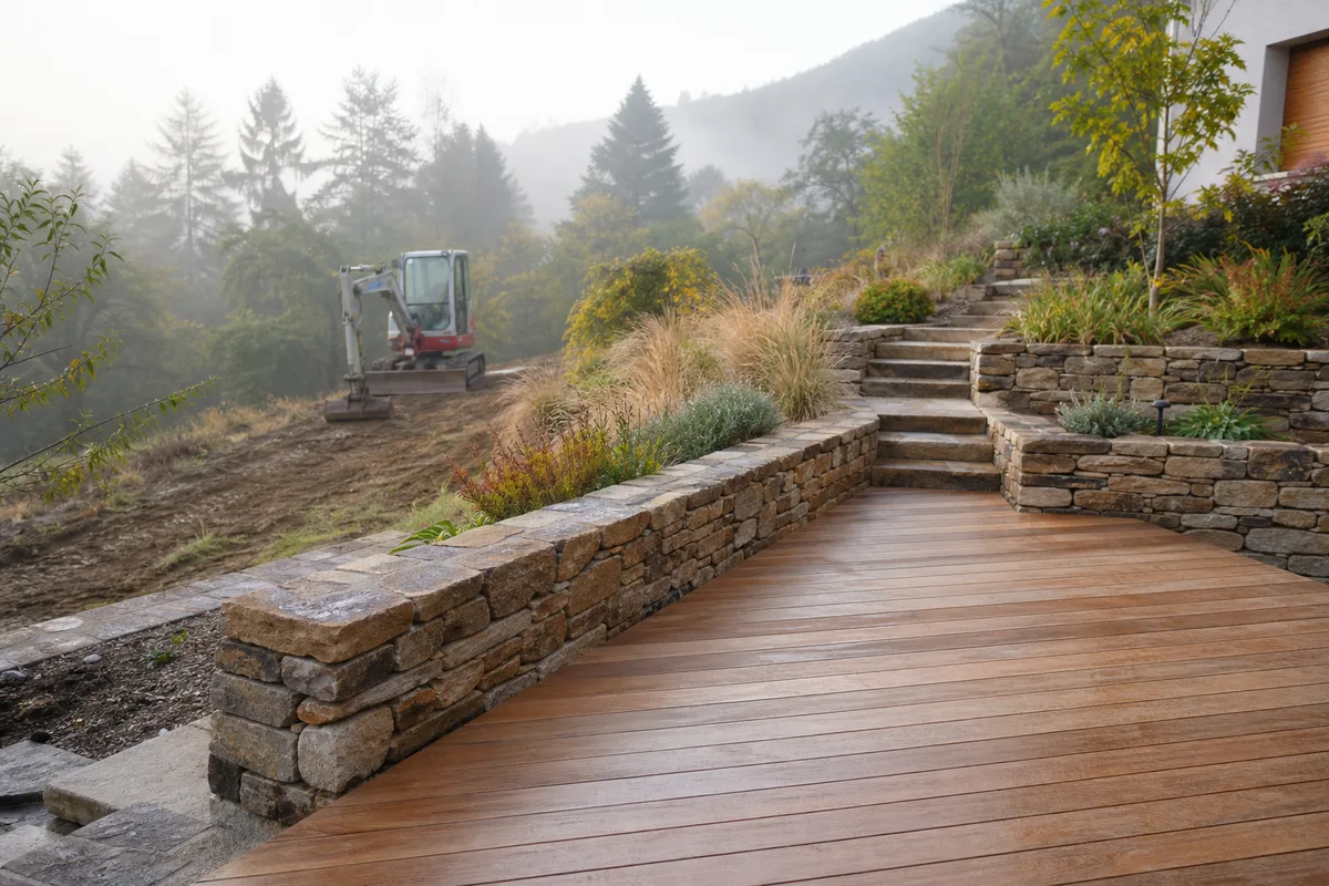 Terrasse en bois sur un terrain en pente d&rsquo;un pavillon vosgien, murets de pierre et massifs plantés, brume matinale fraîche du massif