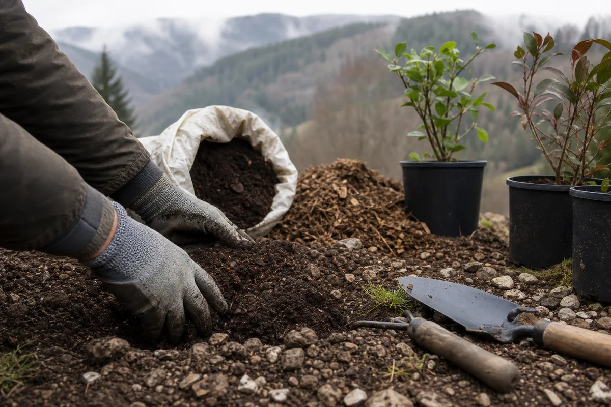 Mains d’un paysagiste amendant une terre acide de montagne avant plantation