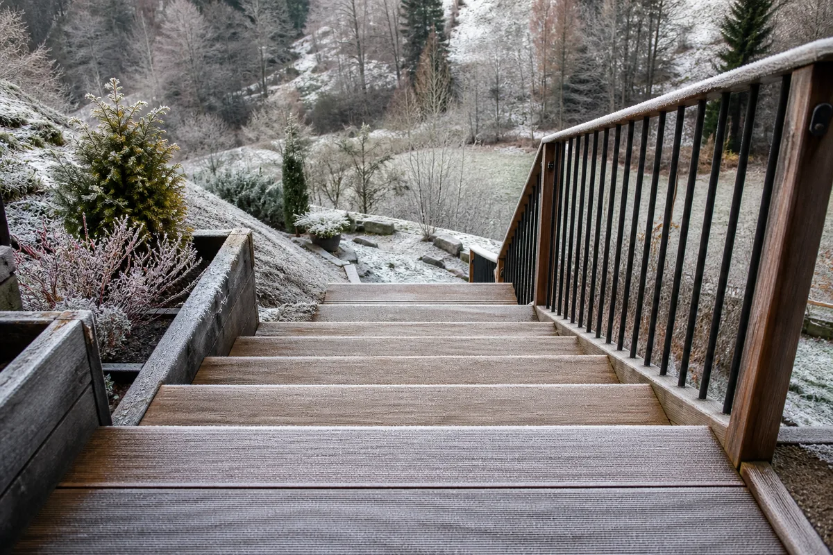 Escalier en bois et garde-corps intégrés à une terrasse sur un talus vosgien enneigé en arrière-plan